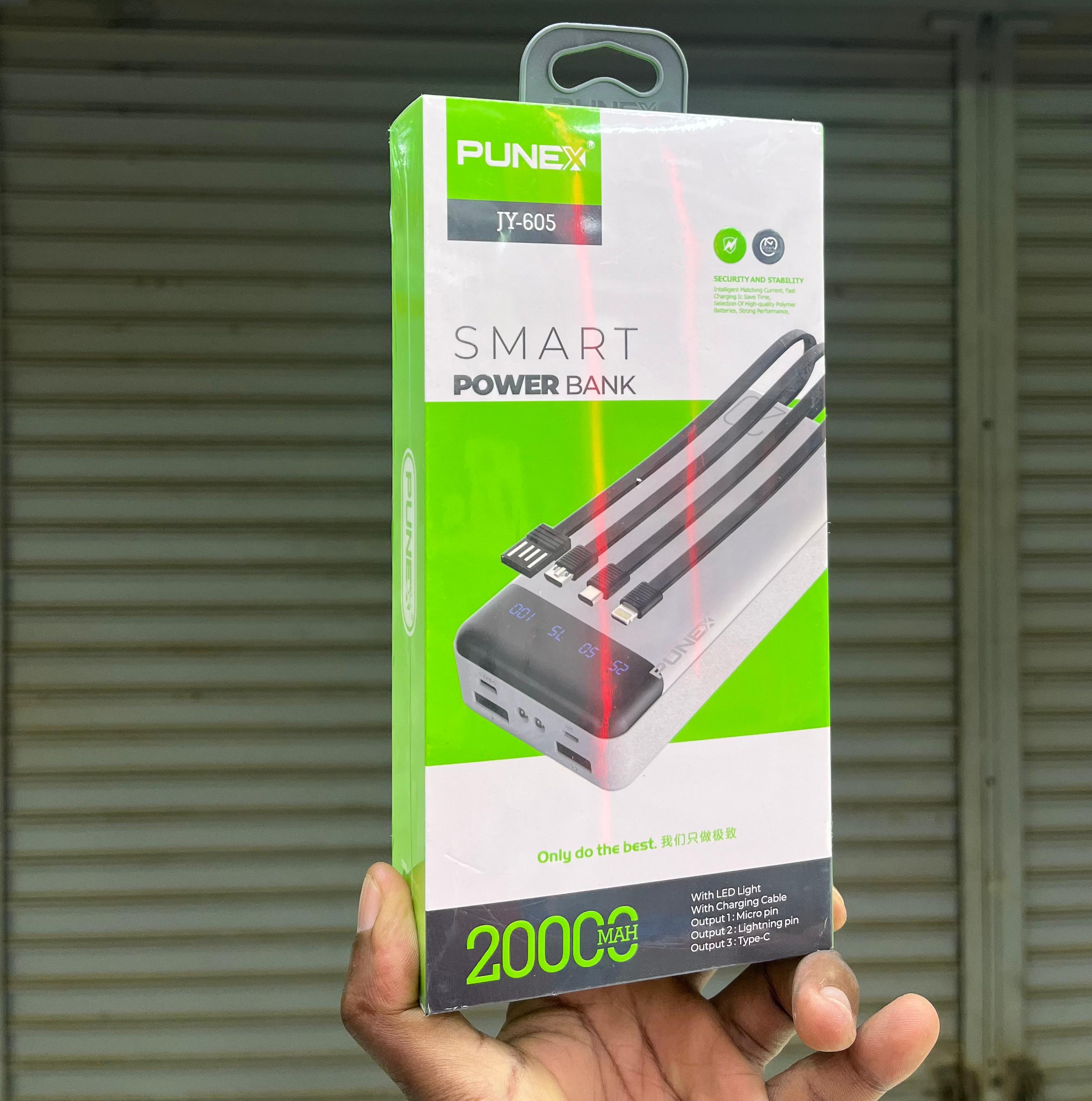 Punex JY-600 20000mAh Power Bank – Features fast charging, an LCD screen, and dual USB outputs