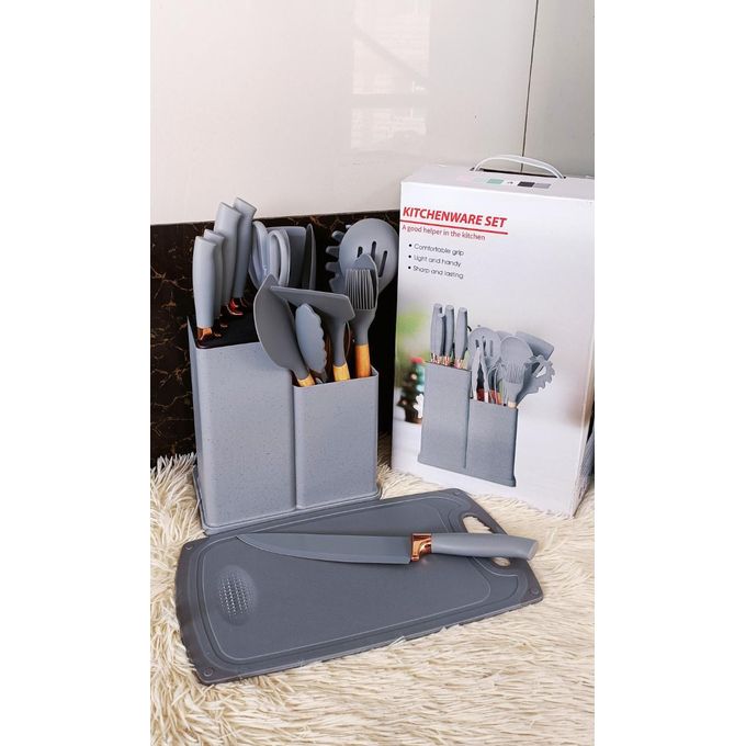 19PCs Set Of Silicone & Wood Spoon And Knife Set - Includes Chopping Board