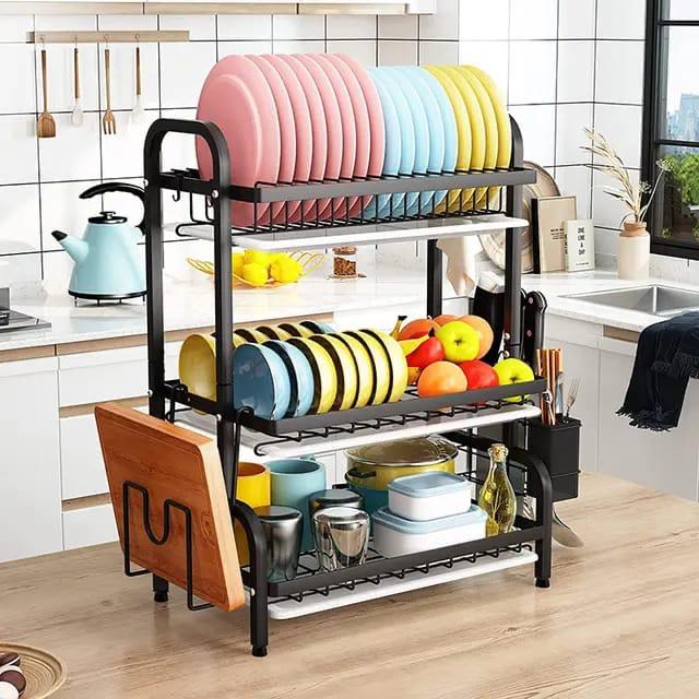 3 tier dish rack with cutlery holder & Chop Board,and Drainboard Set for Kitchen Counter, Stainless Steel Sink Organizer Dish Racks with Cups Holder, Utensil Holder, Dish Strainer Shelf