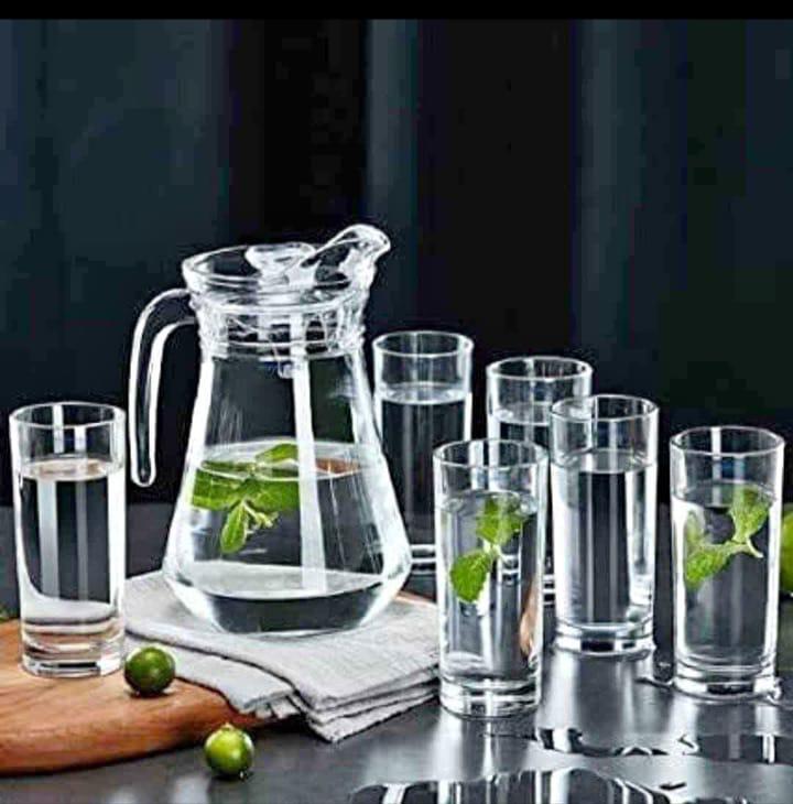 🍂📍PERFECT COMBO📍🍂Classic Juice and Water Glasses Set of 6 and Glass Jug Set Combo, (6 Glasses 270ML , 1 Jug 1.3-Liter), Transparent, Juice Glass and Duck Jug Set for Dining Table
