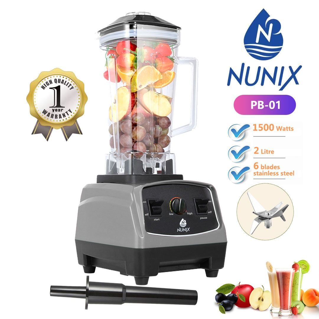 Nunix Heavy Duty Professional Commercial Blender - Poweful - GREY.2 litre jar 1500w large capacity plastic jar 7025 pure copper color cutting blades 3 speeds with pulse function P-0-1-2-3-4
