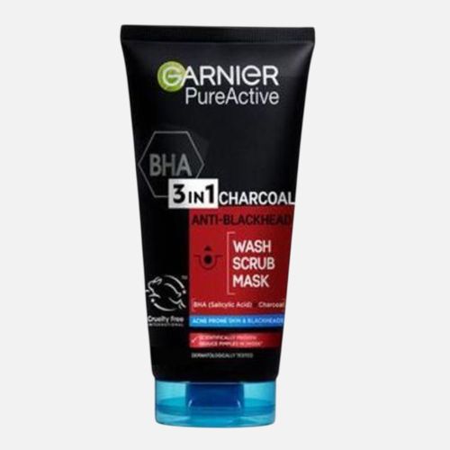 Garnier Pure Active 3-in-1 Anti Blackhead, Wash, Scrub, Mask 50ml. With BHA (Salycilic Acid) And Charcoal For Acne Prone Skin And Blackeads.