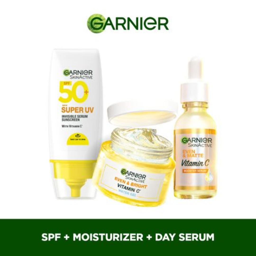 Garnier Even & Matte Super Day Routine Kit: Super Uv SPF 50 Sunscreen + Water Gel Glow Moisturizer + Day Serum 15ml