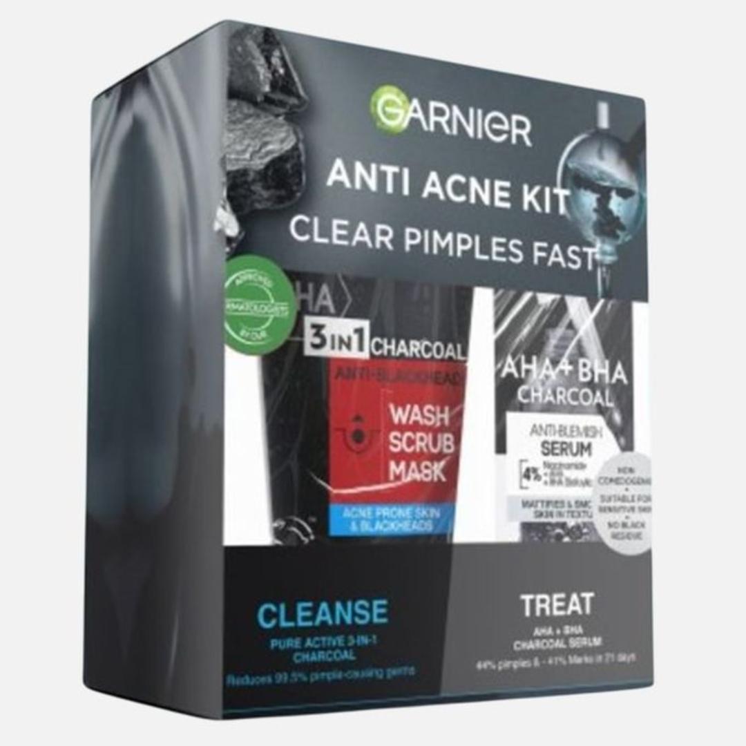 Garnier Anti Acne Cleanser And Treatment Kit: Garnier AHA+BHA Charcoal Serum 30ml + Pure Active 3-in-1 Charcoal Mask50ml