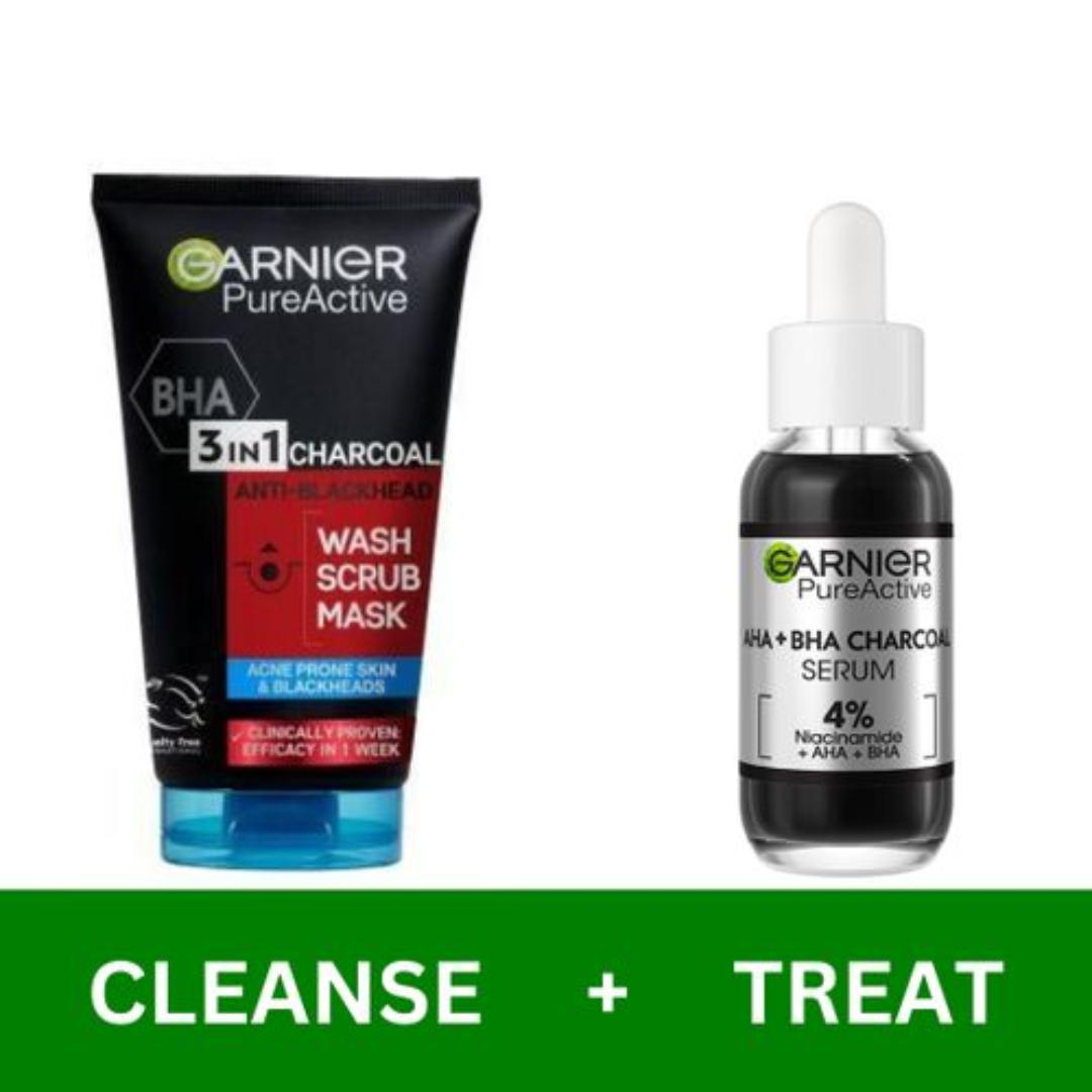Garnier Anti Acne Cleanser & Treatment Kit: Garnier AHA+BHA Charcoal Serum 30ml + Pure Active 3-in-1 Charcoal Mask. Wash, Scrub 150ml