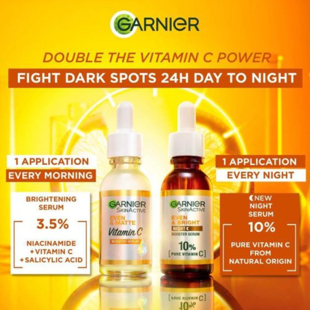 Garnier Day & Night Routine Pack: Even & Matte Vitamin C Booster Serum 30ml + Even & Bright Night Booster Serum 30ml