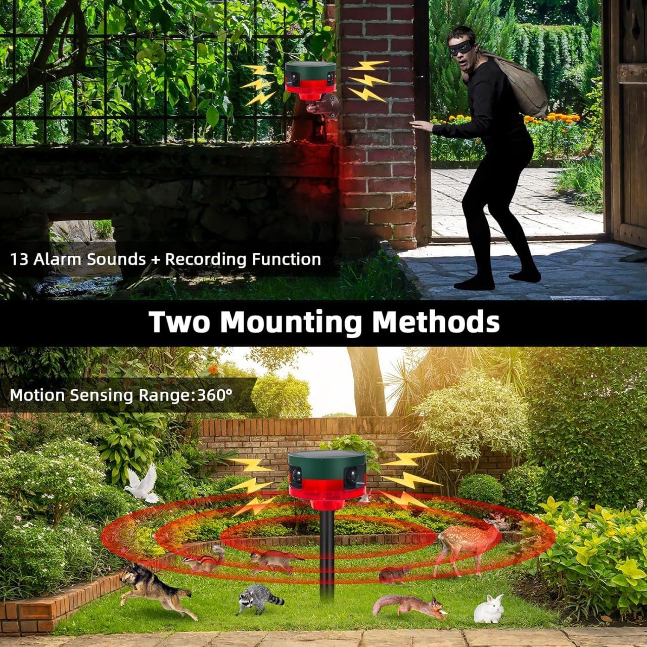 Solar Outdoor Motion Sensor Alarm - 360° Motion Detector Alarm with Custom Recording, Dual Modes for Home, Farm, Pond, and Orchard Security - Complete Kit with USB Charging and Installation Tools