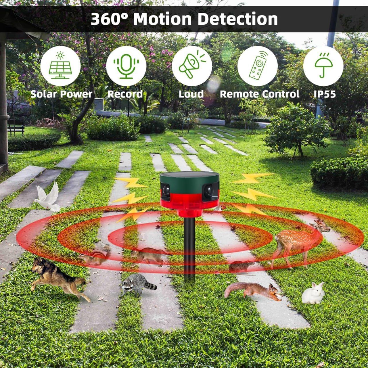 Solar Outdoor Motion Sensor Alarm - 360° Motion Detector Alarm with Custom Recording, Dual Modes for Home, Farm, Pond, and Orchard Security - Complete Kit with USB Charging and Installation Tools