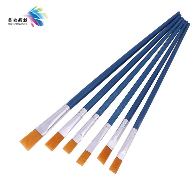 Six-pack blue long handle flat head nylon hair acrylic gouache paint brushes