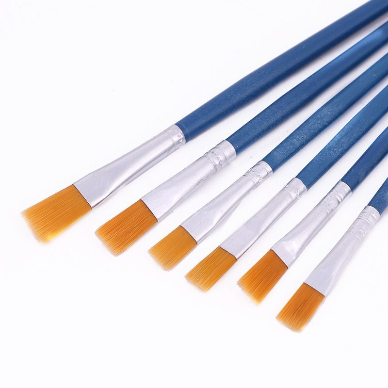 Six-pack blue long handle flat head nylon hair acrylic gouache paint brushes