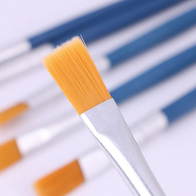 Six-pack blue long handle flat head nylon hair acrylic gouache paint brushes