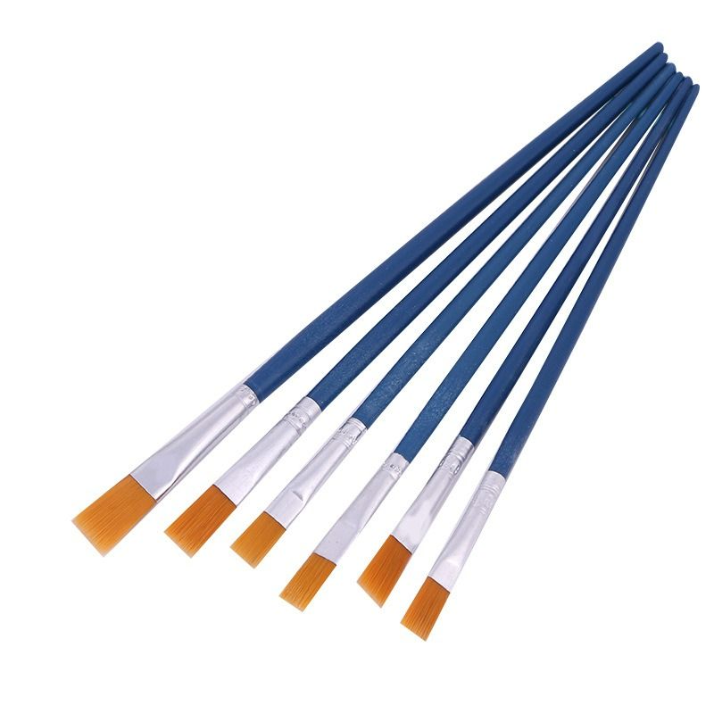 Six-pack blue long handle flat head nylon hair acrylic gouache paint brushes