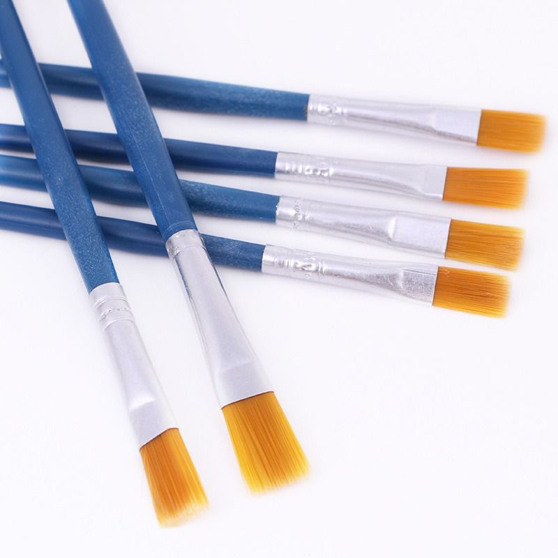 Six-pack blue long handle flat head nylon hair acrylic gouache paint brushes