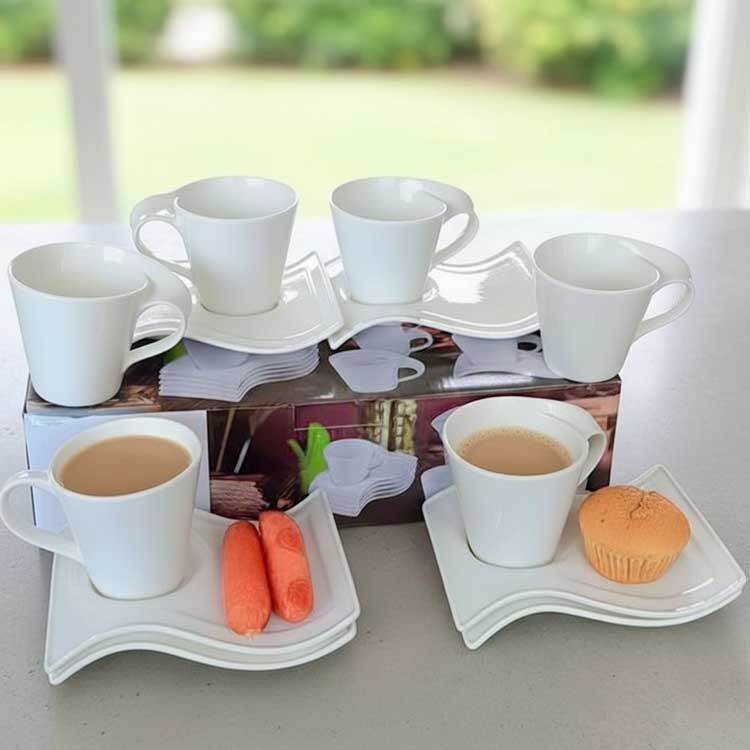 Classy Wavy Ceramic Saucer Cup Set Of 6, Wavy Swag Cup And Saucers Coffee /Tea Mugs For Serving Coffee And Tea.Ideal for enjoying tea, coffee ,decaf, espresso, lattes or hot dark chocolate,soup, stew,