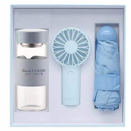 PROMOTIONAL gift :fan umbrella and glass bottle idea giveaway, new product gift set for business corporate items gift set ideal also for birthday, anniversary, appreciation gifts