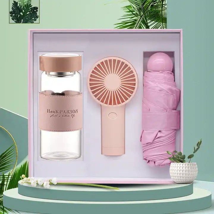PROMOTIONAL gift :fan umbrella and glass bottle idea giveaway, new product gift set for business corporate items gift set ideal also for birthday, anniversary, appreciation gifts