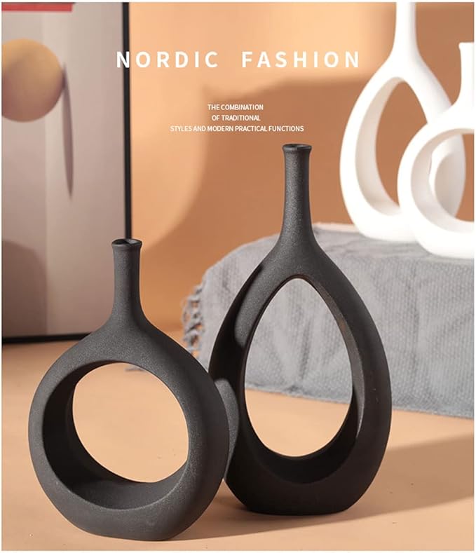 NORDIC Doughut VaseRound Hollow Vase Frosted Round Ceramic Vase Nordic Minimalist Style Decor for Wedding Table Party Living Room Office Bedroom
