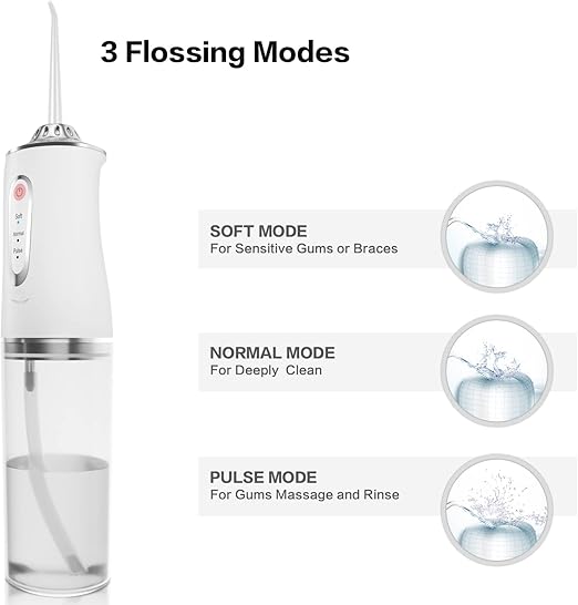 PREMIUM Dental Flosser Oral Irrigator with 3 Modes Cordless Teeth Cleaner Pick 4 Tips, IPX7 Waterproof Rechargeable Portable Powerful Battery for Travel & Home Braces & Bridges Care, Whitess