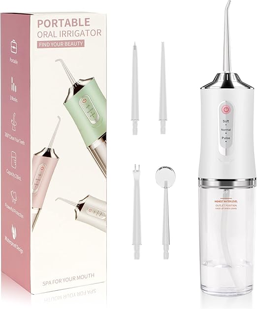 PREMIUM Dental Flosser Oral Irrigator with 3 Modes Cordless Teeth Cleaner Pick 4 Tips, IPX7 Waterproof Rechargeable Portable Powerful Battery for Travel & Home Braces & Bridges Care, Whitess