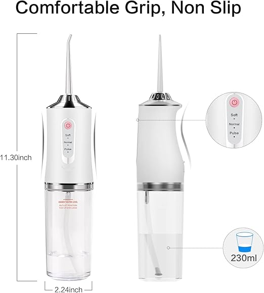 PREMIUM Dental Flosser Oral Irrigator with 3 Modes Cordless Teeth Cleaner Pick 4 Tips, IPX7 Waterproof Rechargeable Portable Powerful Battery for Travel & Home Braces & Bridges Care, Whitess