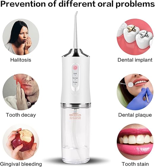 PREMIUM Dental Flosser Oral Irrigator with 3 Modes Cordless Teeth Cleaner Pick 4 Tips, IPX7 Waterproof Rechargeable Portable Powerful Battery for Travel & Home Braces & Bridges Care, Whitess