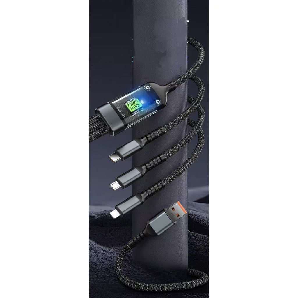 Smart digital display super fast charge 100w one drag three data cable for mobile phone three-in-one charging cable
