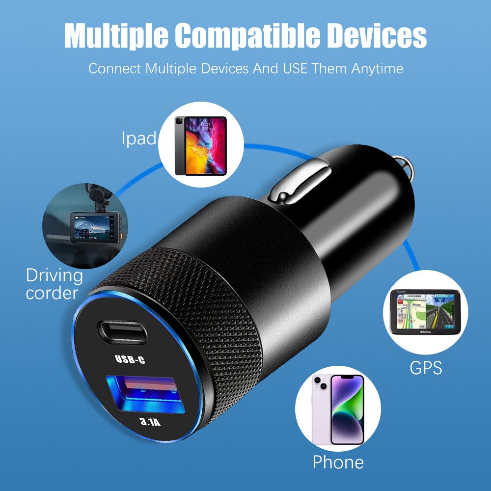 Car charger Invisible fast charging car cigarette lighter converter Car charger plug car charger double port USB+type-c