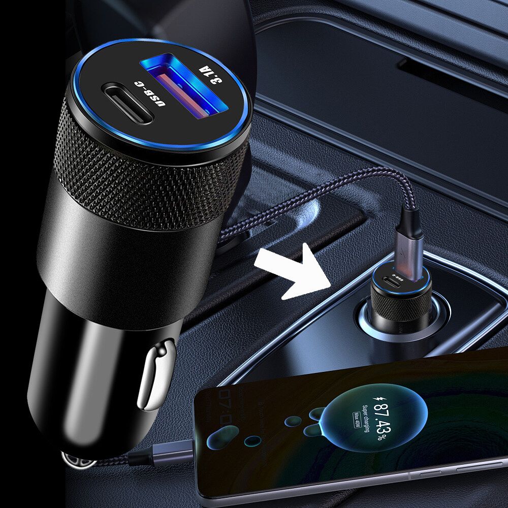 Car charger Invisible fast charging car cigarette lighter converter Car charger plug car charger double port USB+type-c