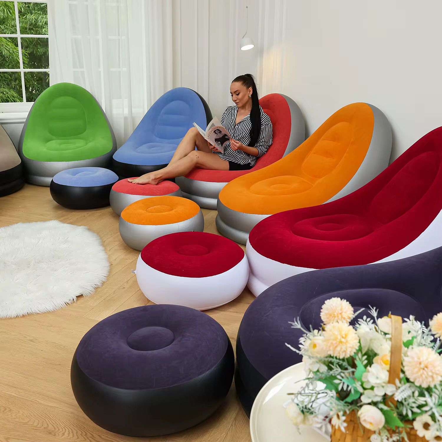 Inflatable Lazy Sofa with foot step , comes with free pump Optional Spherical Outdoor Inflatable Sofa PVC Plush Football Sofa Lazy Lounge Chair