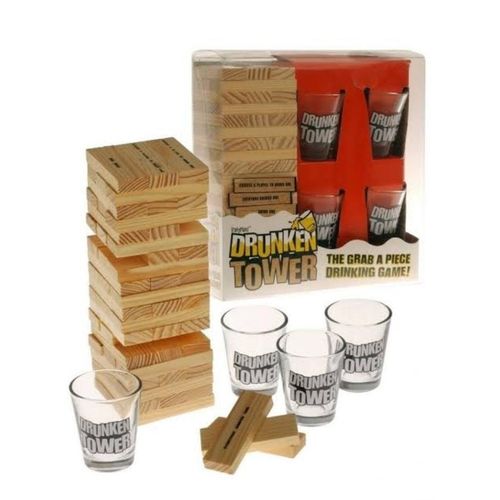 JENGA GAME DRUNK TOWER JENGA Drunken Tower Jenga Wooden Building Blocks Game DRUNKEN TOWER GAME. This game is an exciting twist to your old stacking up game.