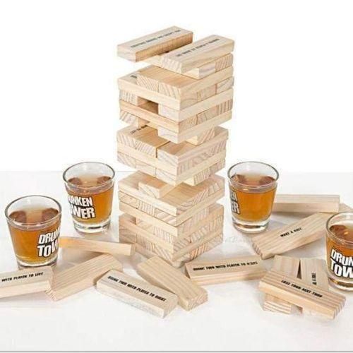 JENGA GAME DRUNK TOWER JENGA Drunken Tower Jenga Wooden Building Blocks Game DRUNKEN TOWER GAME. This game is an exciting twist to your old stacking up game.
