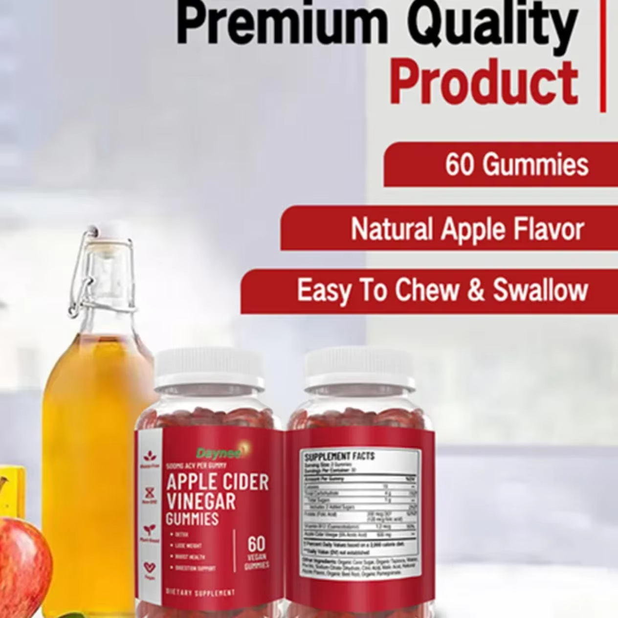 Daynee Apple Cider Vinegar Gummies For Detox, Weight Loss, Cholesterol & Energy