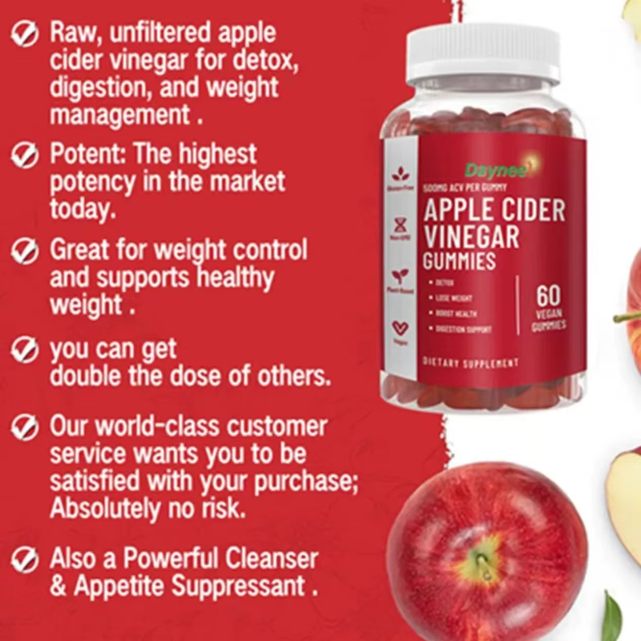 Daynee Apple Cider Vinegar Gummies For Detox, Weight Loss, Cholesterol & Energy