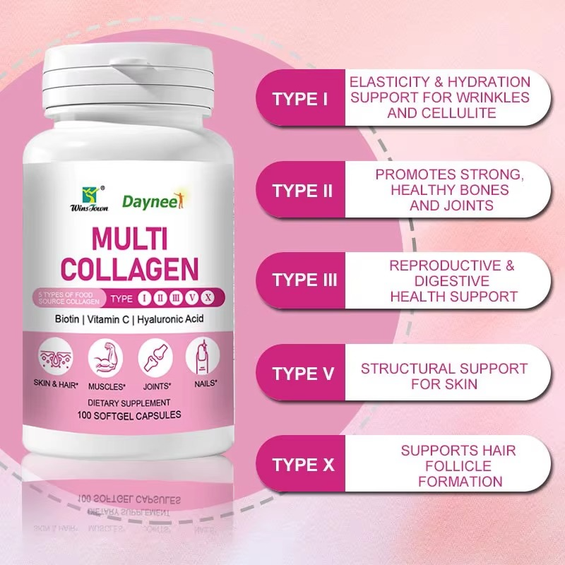 Daynee Multi Collagen Capsules Type I II III V X, Collagen Supplement with Biotin Vitamin C & Hyaluronic Acid, Supports Skin Hair Nails Joints & Anti-Aging, 100 Softgels