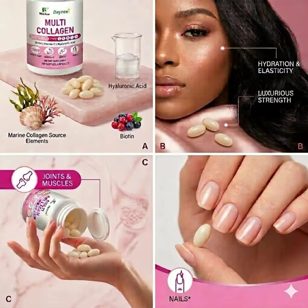 Daynee Multi Collagen Capsules Type I II III V X, Collagen Supplement with Biotin Vitamin C & Hyaluronic Acid, Supports Skin Hair Nails Joints & Anti-Aging, 100 Softgels