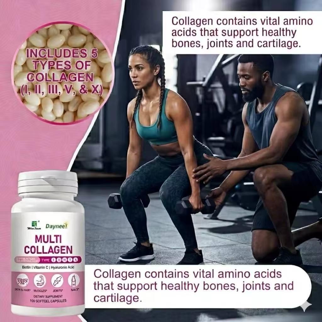 Daynee Multi Collagen Capsules Type I II III V X, Collagen Supplement with Biotin Vitamin C & Hyaluronic Acid, Supports Skin Hair Nails Joints & Anti-Aging, 100 Softgels