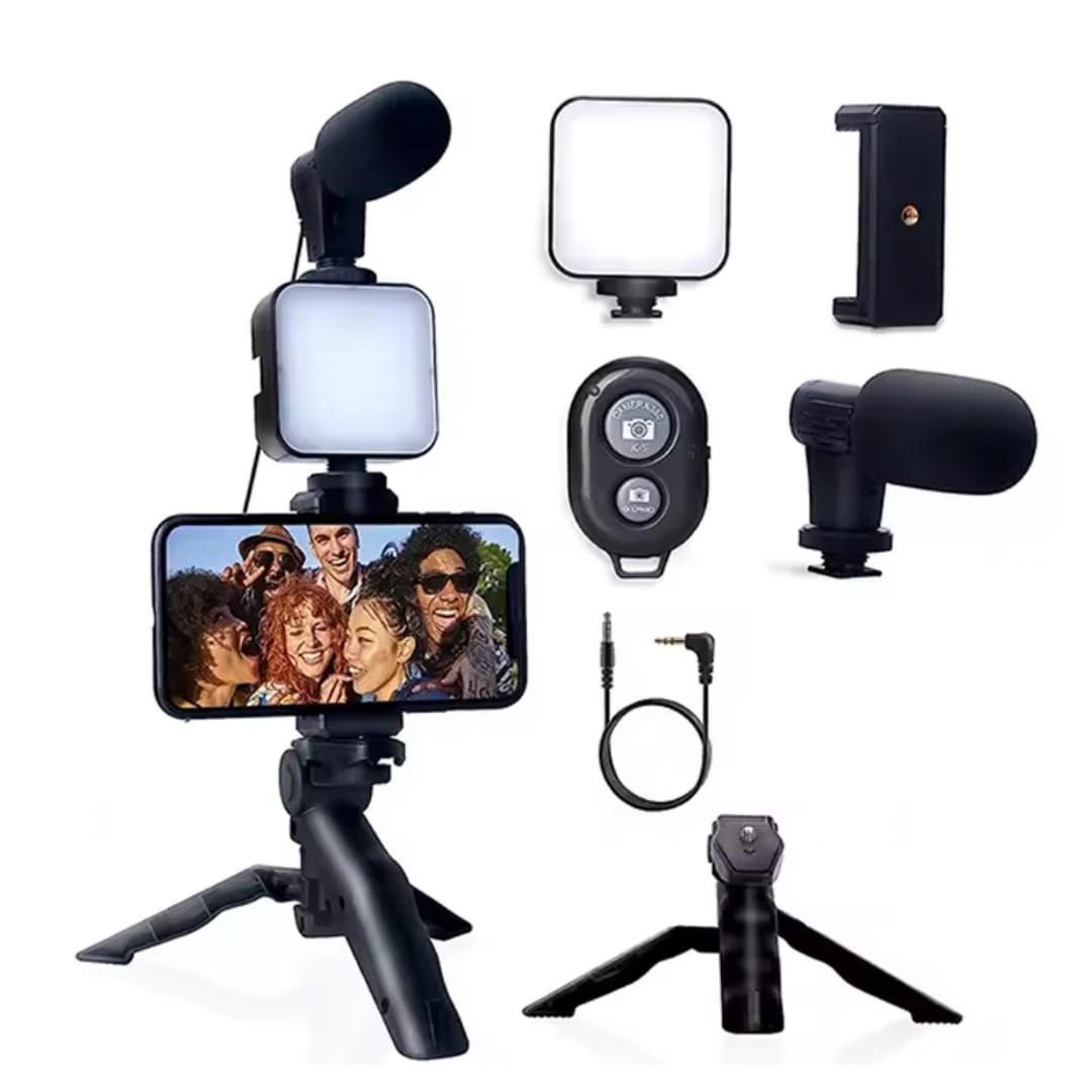 video making kit AY49 vlogging kit with bluetooth remote, mic, phone holder, mini tripod stand for making videos tiktok youtube and instagram