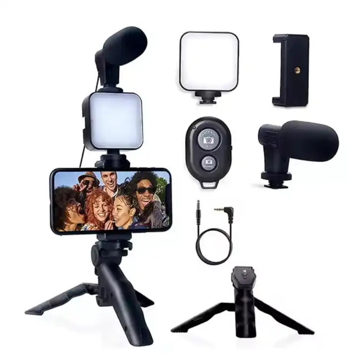video making kit AY49 vlogging kit with bluetooth remote, mic, phone holder, mini tripod stand for making videos tiktok youtube and instagram
