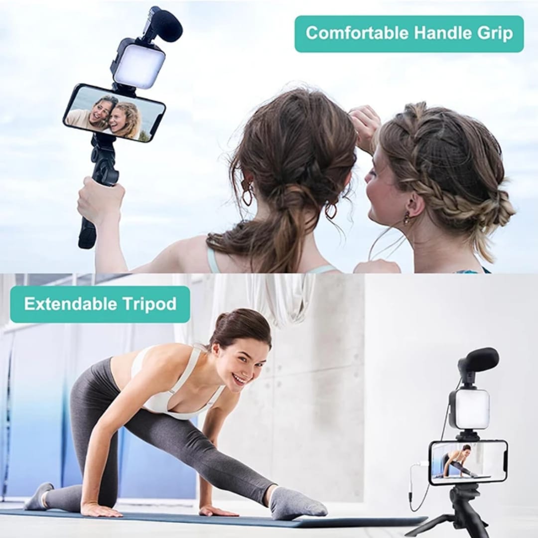 video making kit AY49 vlogging kit with bluetooth remote, mic, phone holder, mini tripod stand for making videos tiktok youtube and instagram