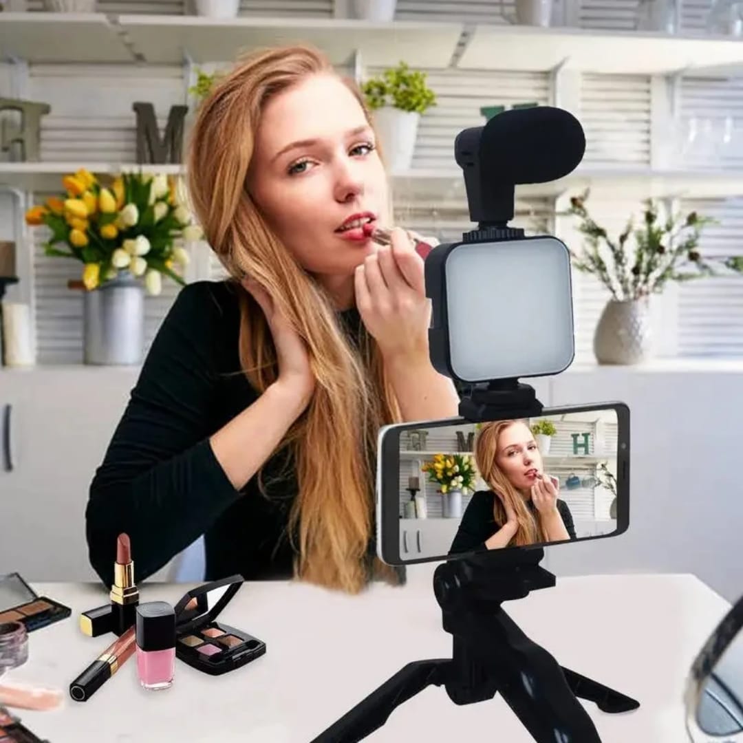 video making kit AY49 vlogging kit with bluetooth remote, mic, phone holder, mini tripod stand for making videos tiktok youtube and instagram