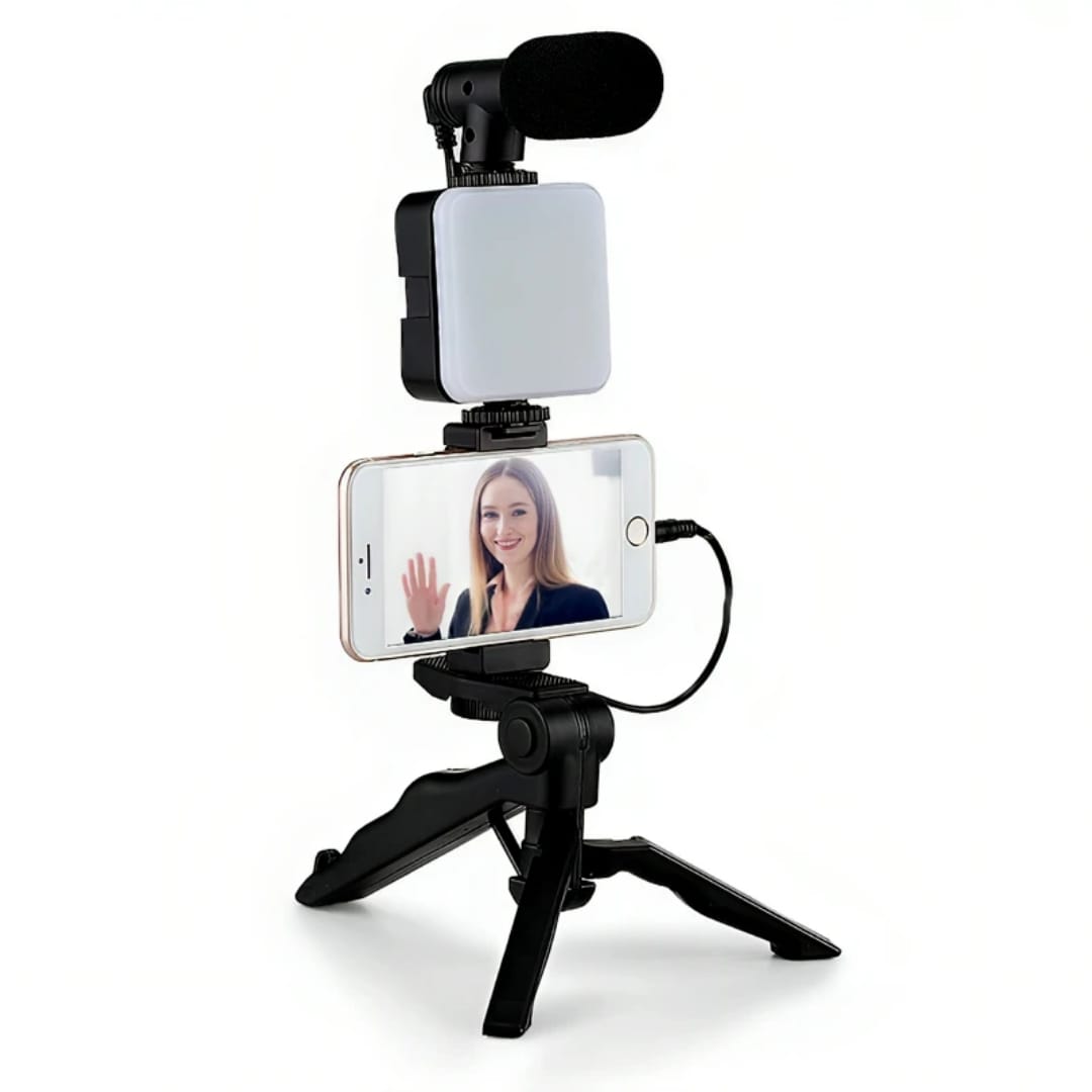 video making kit AY49 vlogging kit with bluetooth remote, mic, phone holder, mini tripod stand for making videos tiktok youtube and instagram