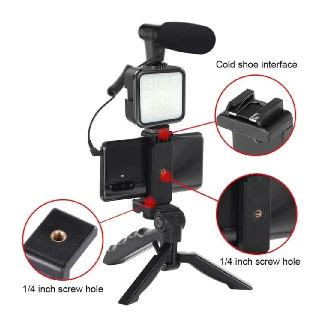 video making kit AY49 vlogging kit with bluetooth remote, mic, phone holder, mini tripod stand for making videos tiktok youtube and instagram