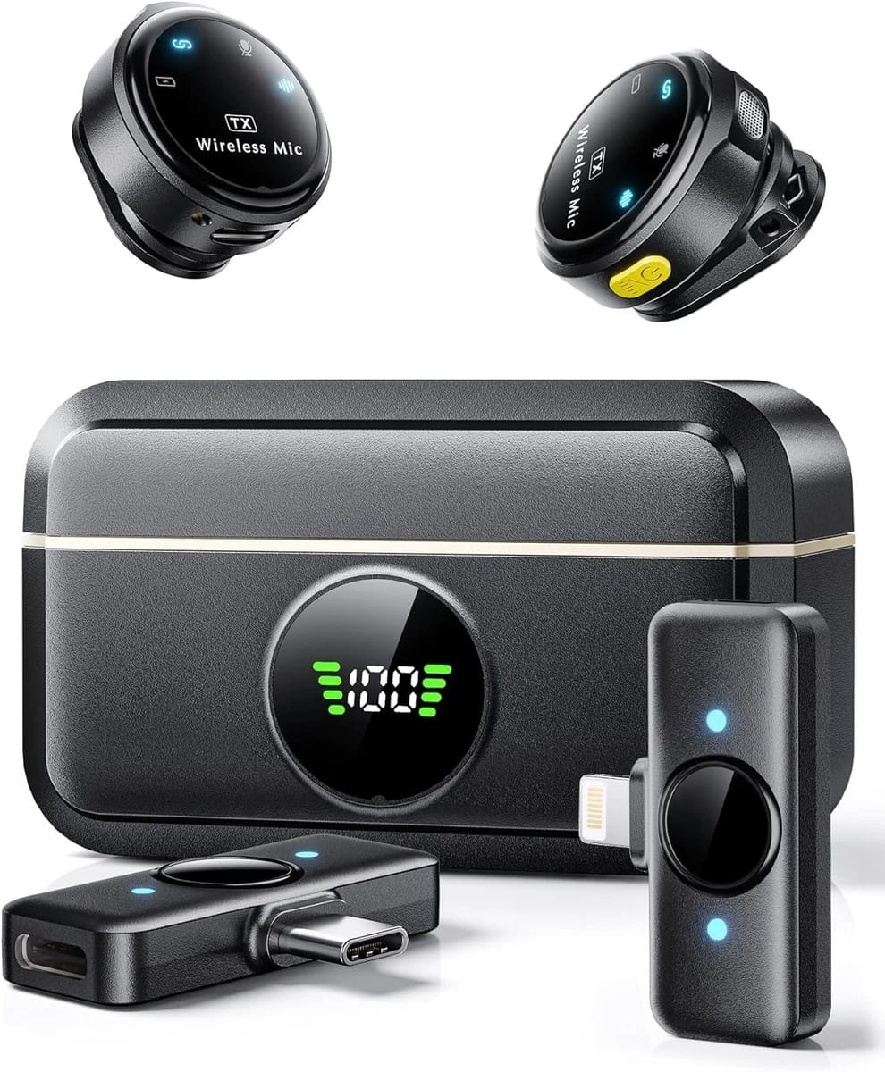wireless dual microphone 2 in 1 receiver microphone with 2 mics and transmitter for vlogging dual mic lavalier for mobile phones and  camera best quality with noise cancellation