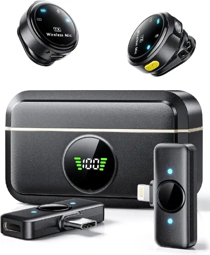 wireless dual microphone 2 in 1 receiver microphone with 2 mics and transmitter for vlogging dual mic lavalier for mobile phones and  camera best quality with noise cancellation