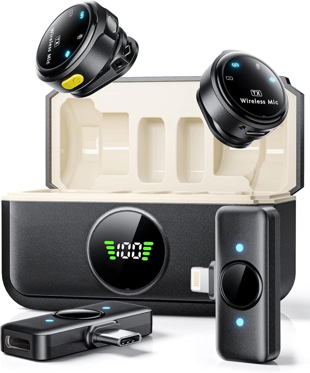 wireless dual microphone 2 in 1 receiver microphone with 2 mics and transmitter for vlogging dual mic lavalier for mobile phones and  camera best quality with noise cancellation