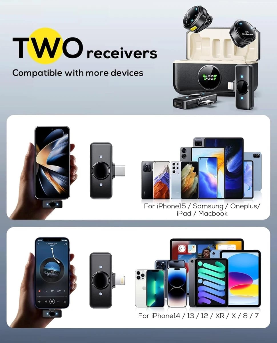 wireless dual microphone 2 in 1 receiver microphone with 2 mics and transmitter for vlogging dual mic lavalier for mobile phones and  camera best quality with noise cancellation