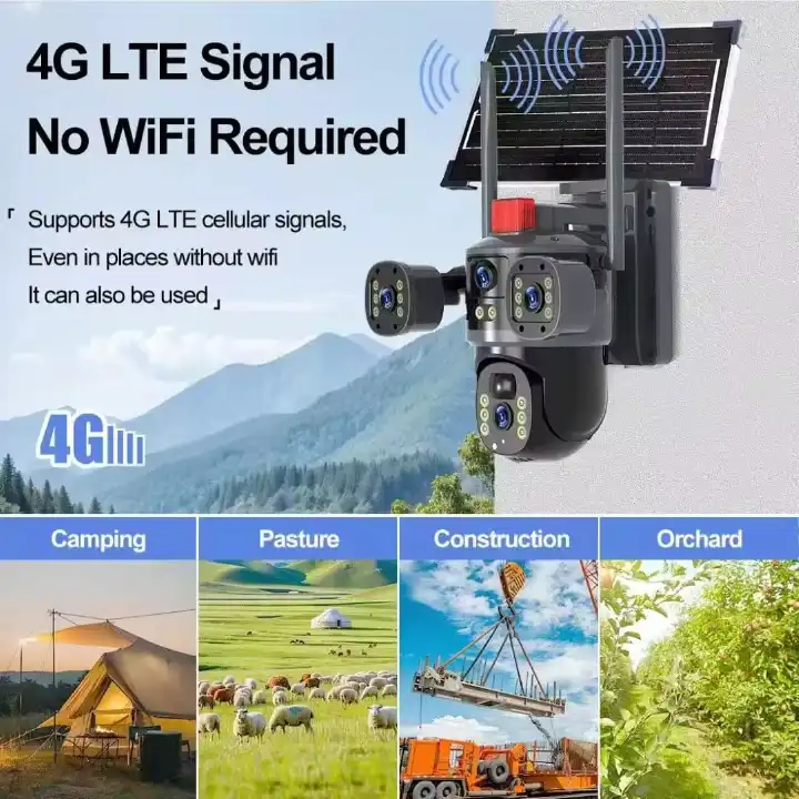 Solar powered outdoor Network camera, IP solar CCTV camera, wireless 4G sim card security surveillance camera, 3 lens cctv wit night vision and human detection, solar CCTV camera waterproof