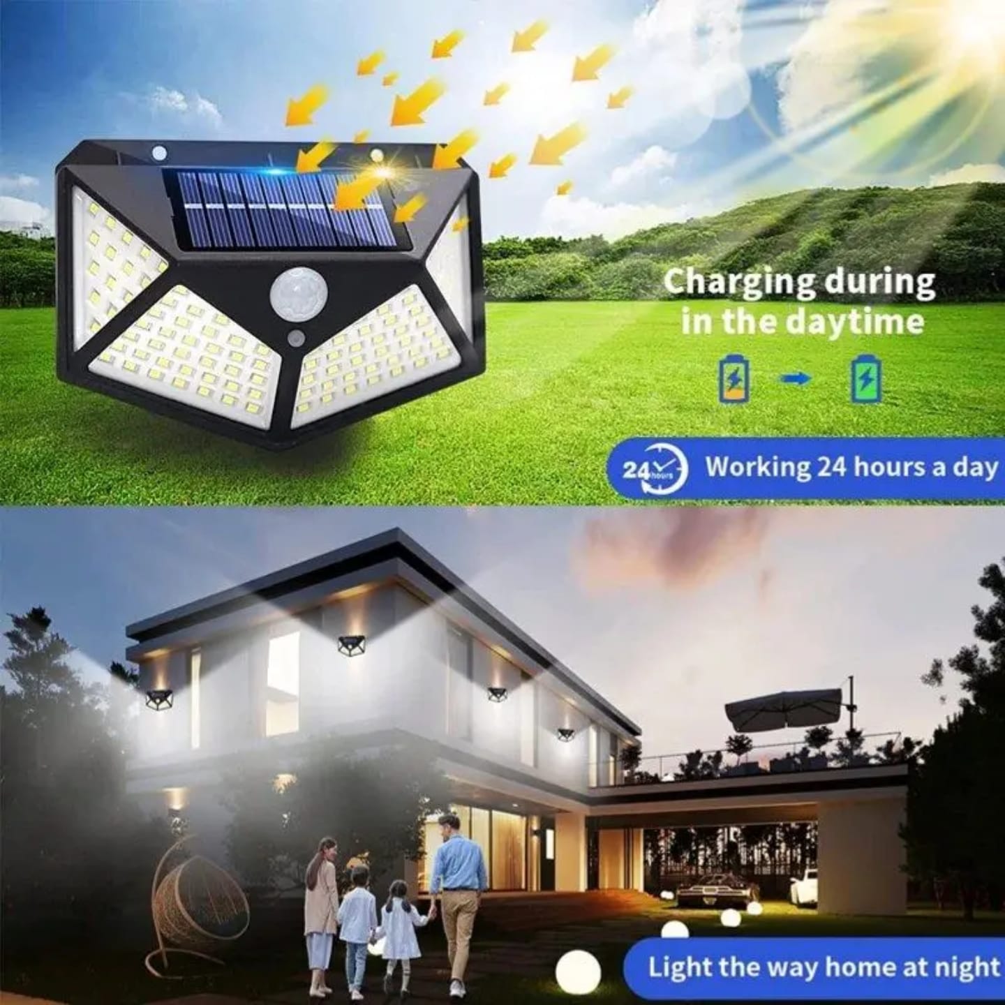 100 LED solar wall lamp Courtyard 4-sided light emitting solar lamp human body sensing outdoor wall lamps, solar security lights PIR courtyard 100 led solar flood lights