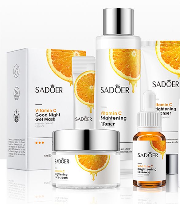 SADOER Vitamin C Brightening & Anti-Aging 24pcs set  Complete Skincare Set Ultimate Glow-Boosting Kit with vitamin c Cleanser, Toner, Serum, Face Cream & 20*4ml pcs Good night Gel Mask