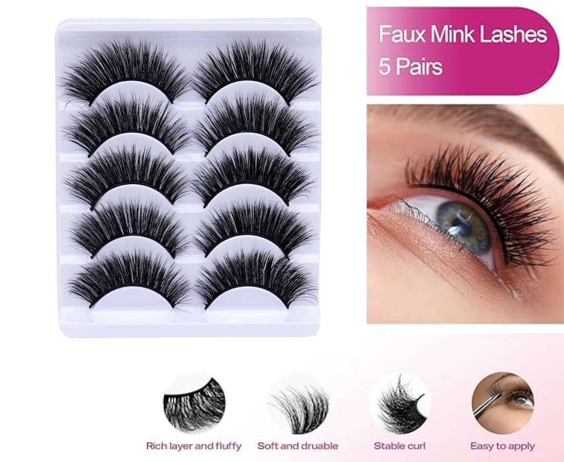 False Eyelashes Cat Eye Look: 3D Fluffy Wispy Volume Curl Faux Mink Lashes 5 Pairs - Handmade Natural Reusable Strip Lashes